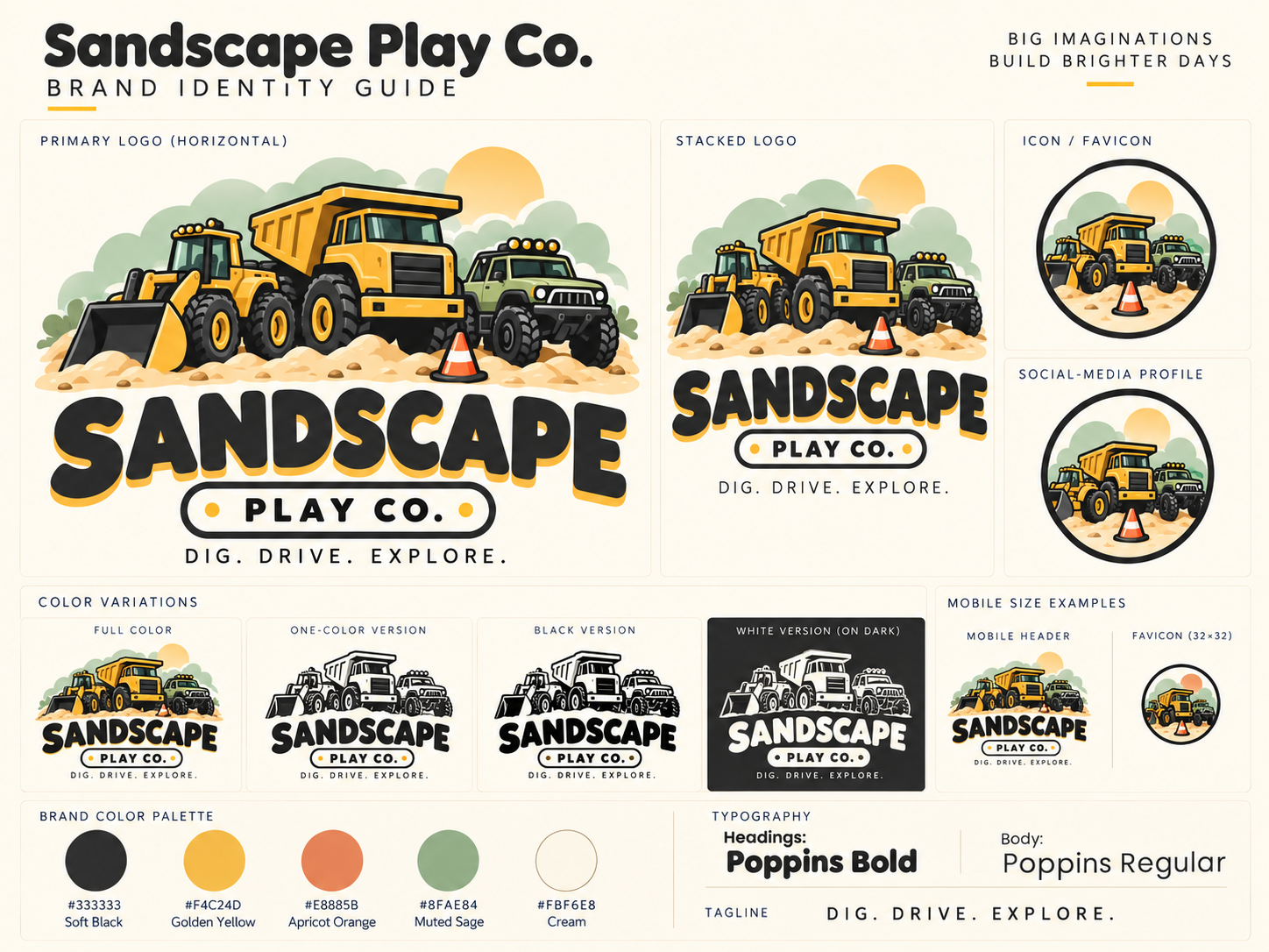 Supplied Construction Trio identity guide with horizontal, stacked and circular logos, approved palette and Poppins typography