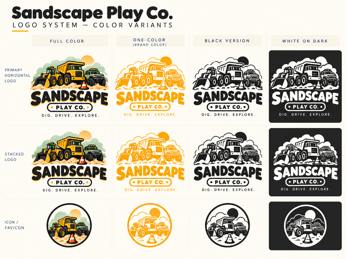 Supplied Construction Trio full-color, one-color, black and white-on-dark logo variants
