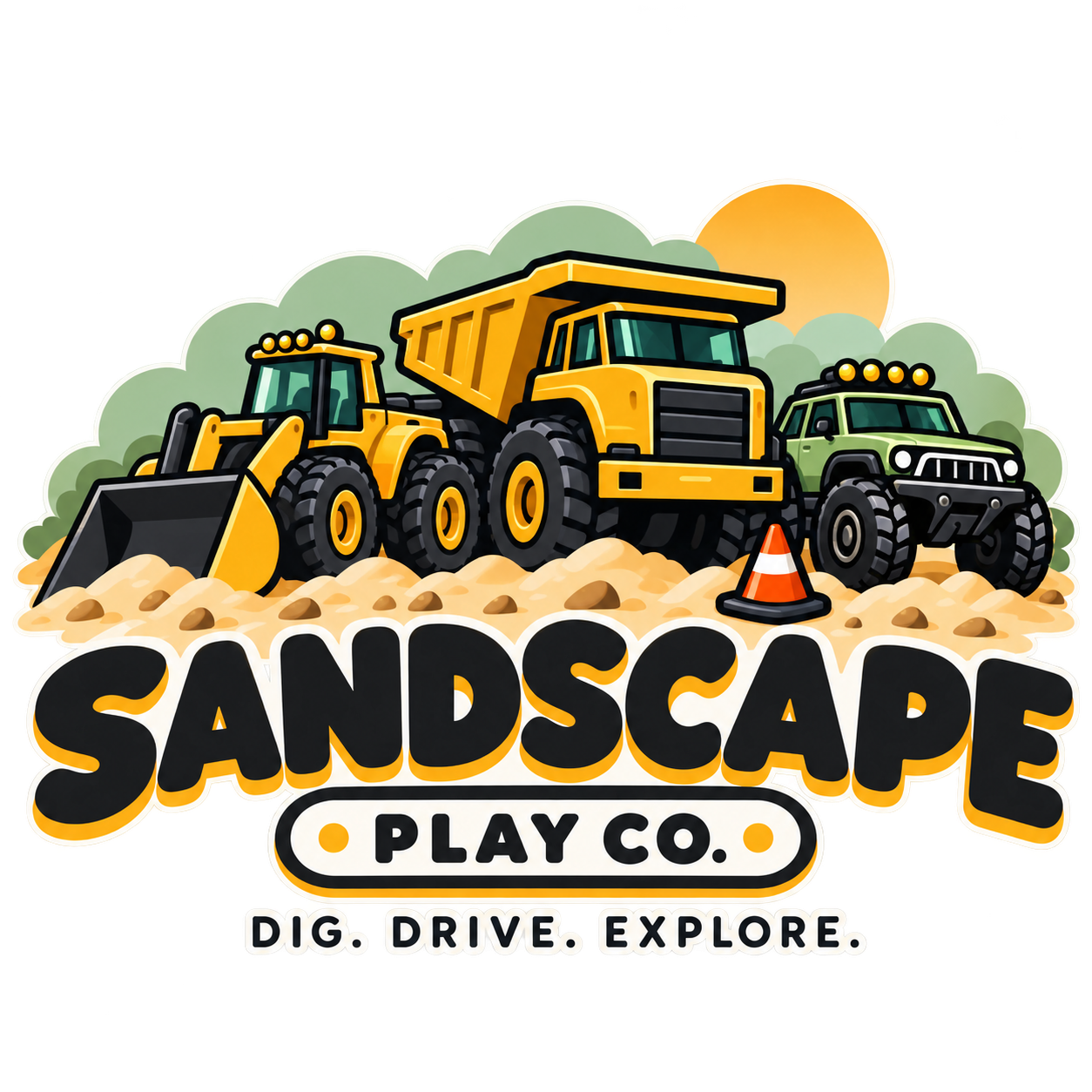 Sandscape Play Co. Construction Trio: yellow loader, dump truck and green off-road truck with Dig. Drive. Explore. tagline